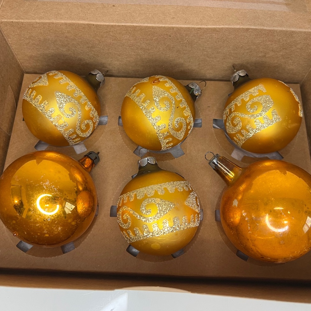1950s Poland Bronze Mercury Glass Christmas Tree Ornaments Vintage Set of 6